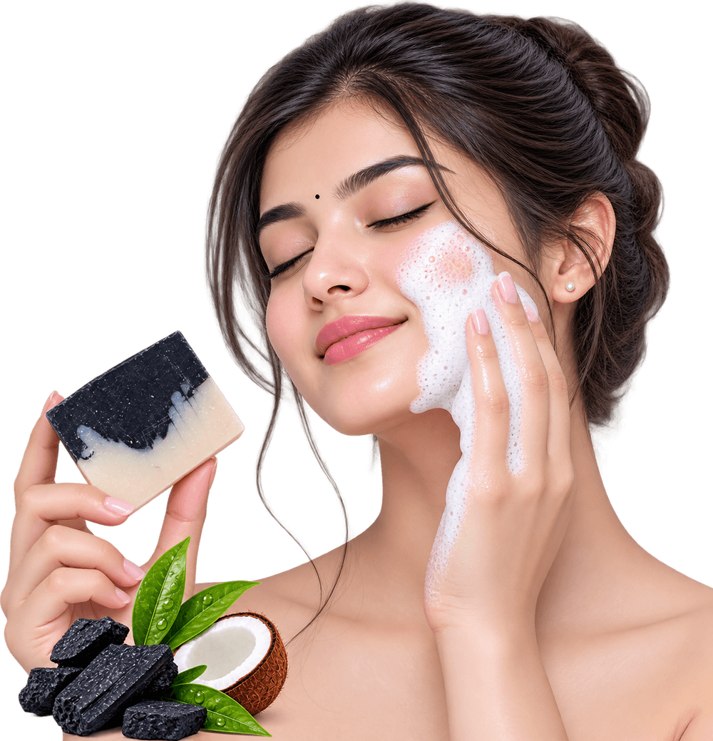 A woman washing her face with lather from a handmade charcoal soap bar